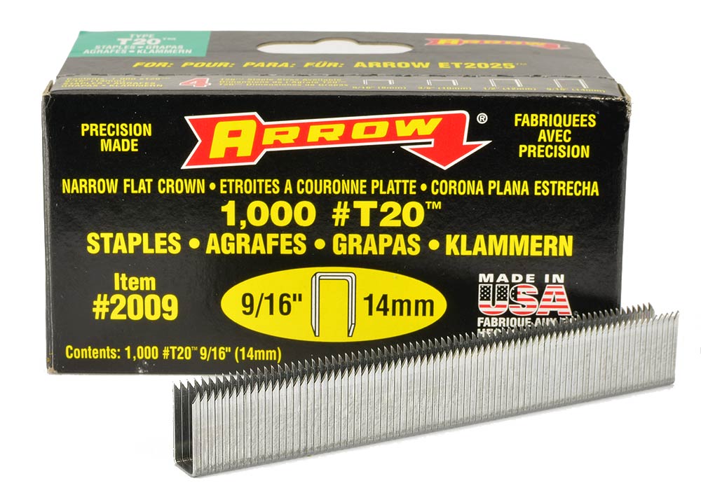 Arrow T20 flat crown staples 9/16inch leg. Galv. 1,000/box. Made in USA.