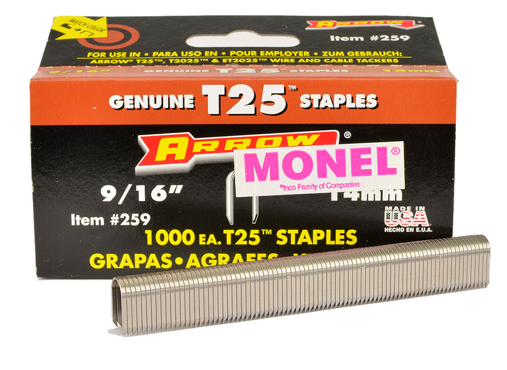 Arrow T25/14 round crown staples 9/16inch leg. Monel. 1,000/box. Made