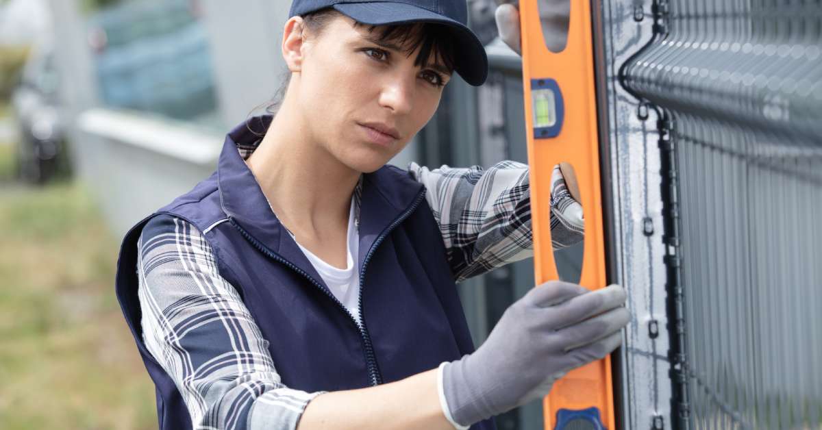 A female contractor measures a fence using an orange-and-black level. She wears a hat, gloves, and a plaid shirt.