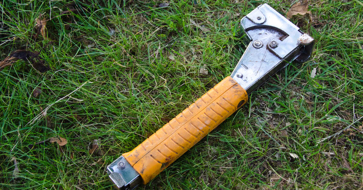 A stainless steel hammer tacker with an orange handle on the ground surrounded by short grass and a few leaves.